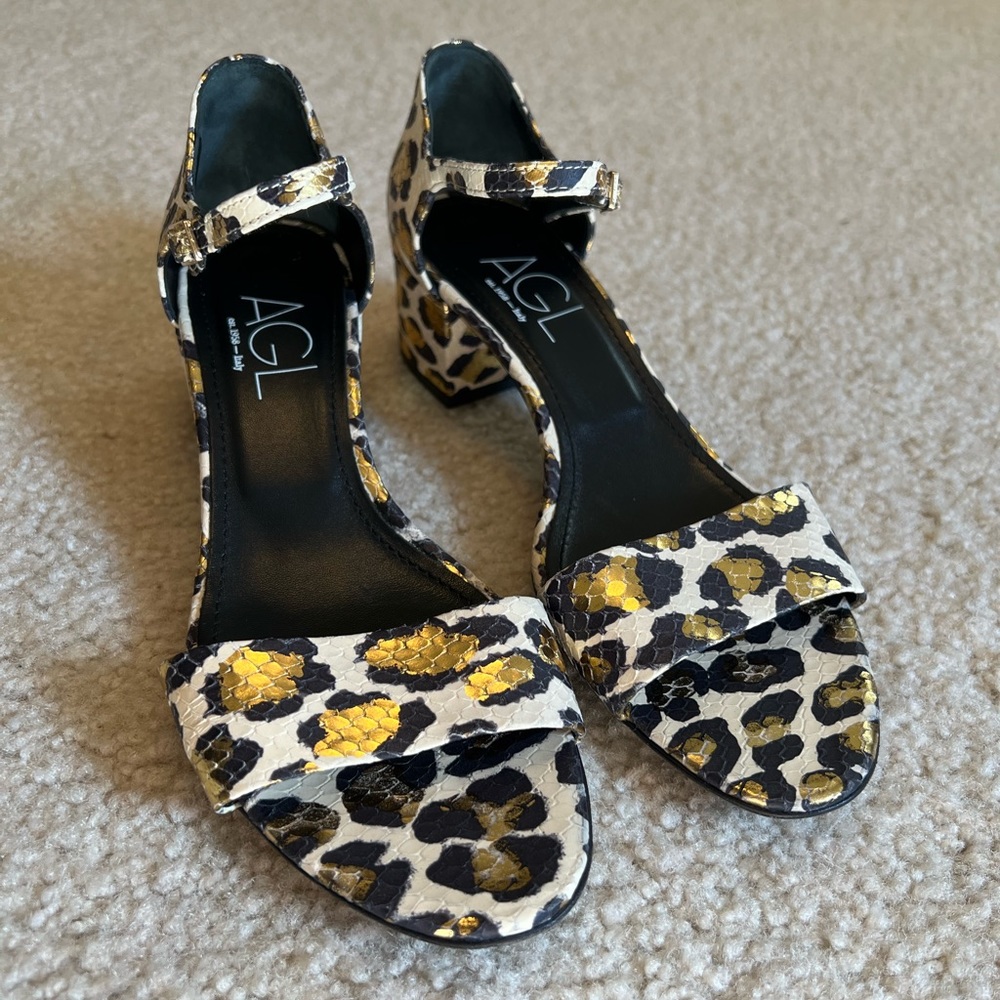Agl Metallic Gold Snake Embossed Leopard Print Leather Sandals